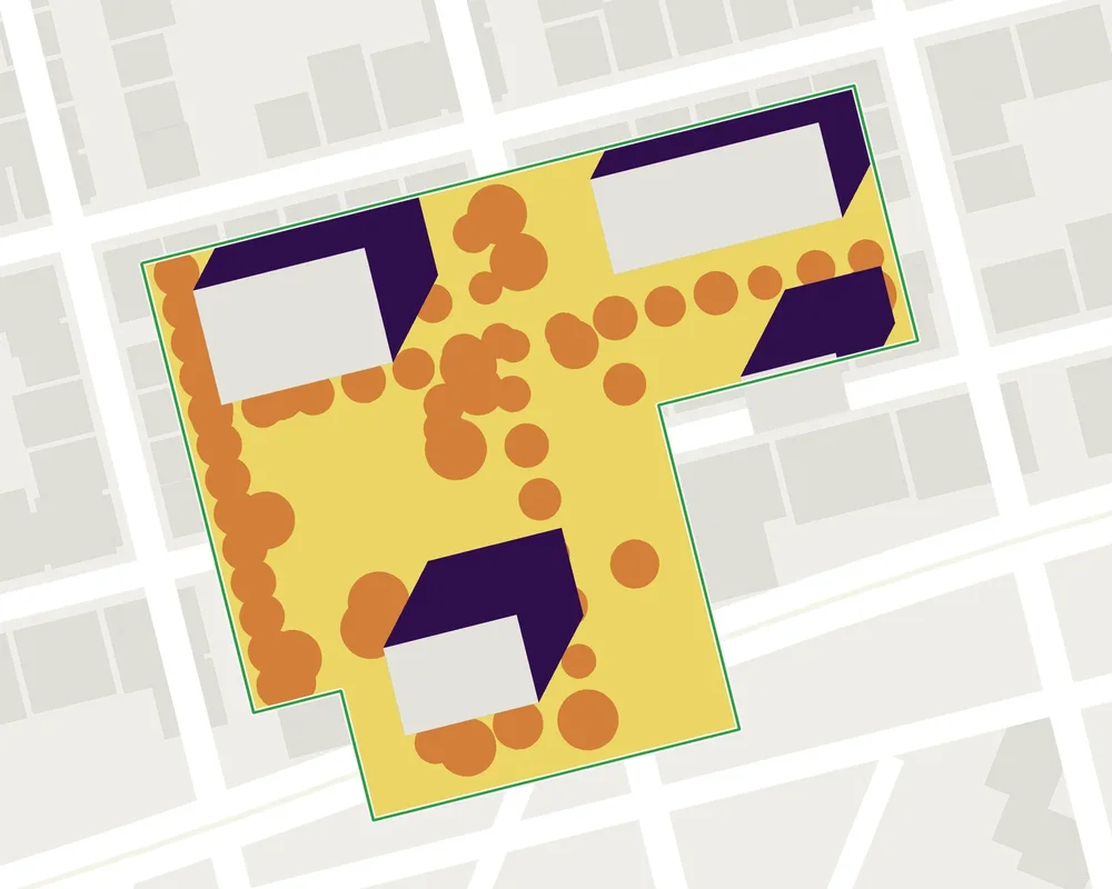 shade, sunshine, and wind map; project on the same site