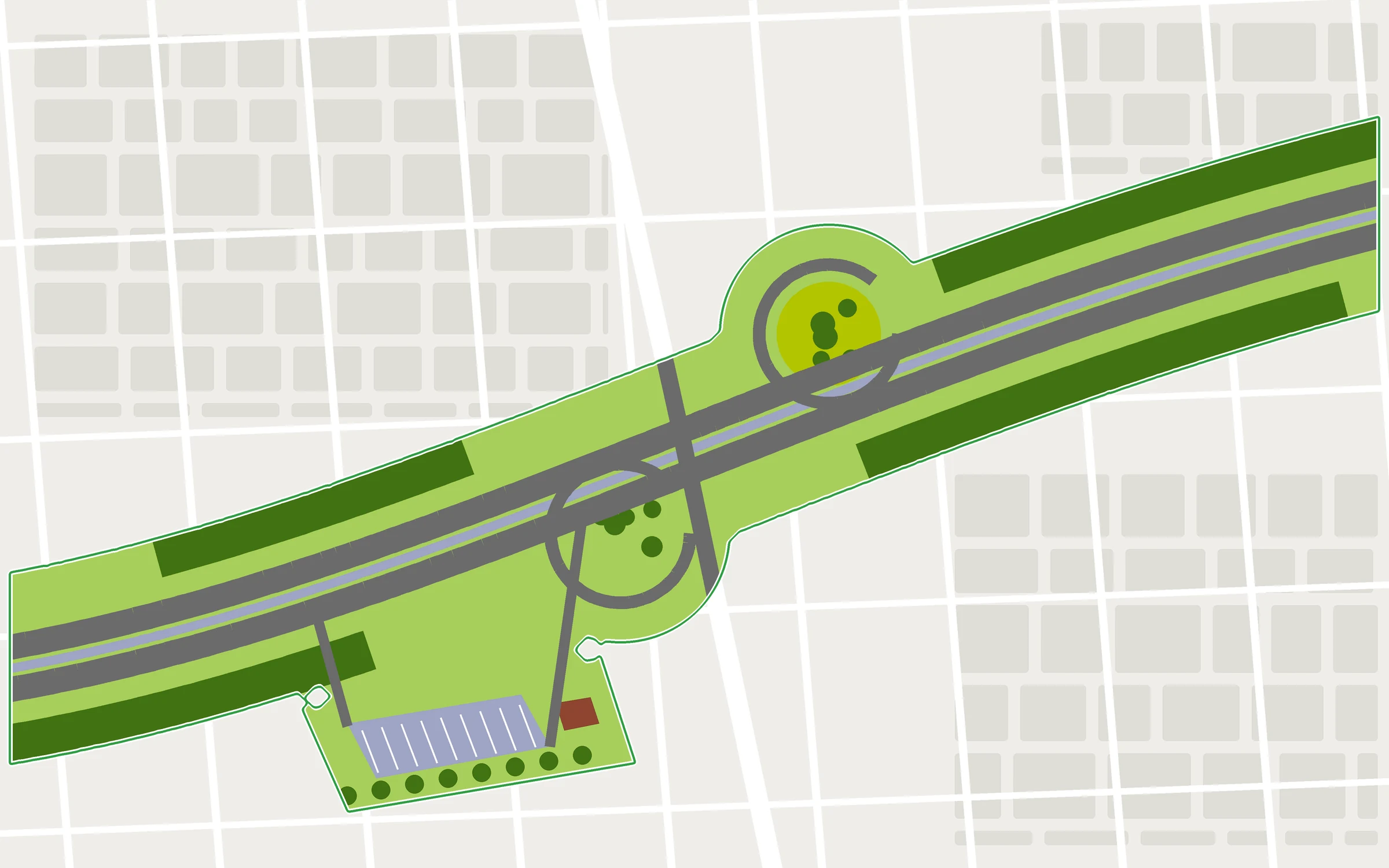 land cover a hypothetical highway right-of-way: interchange, embankment, and rest area