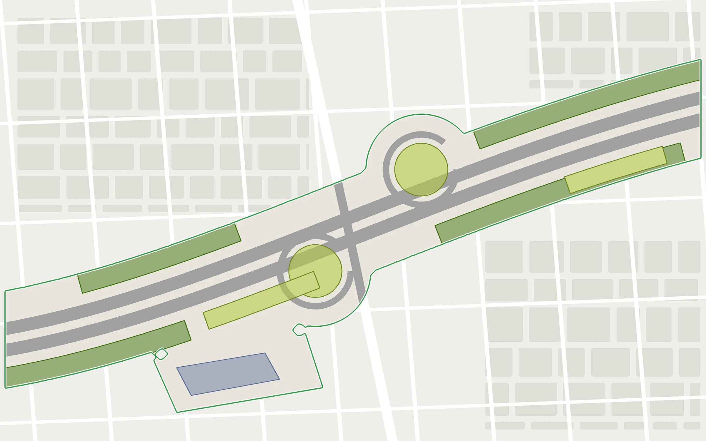 Possible uses on a hypothetical highway right-of-way: embankments to be preserved, abandoned areas to be restored to their natural state, parking lot for solar panels