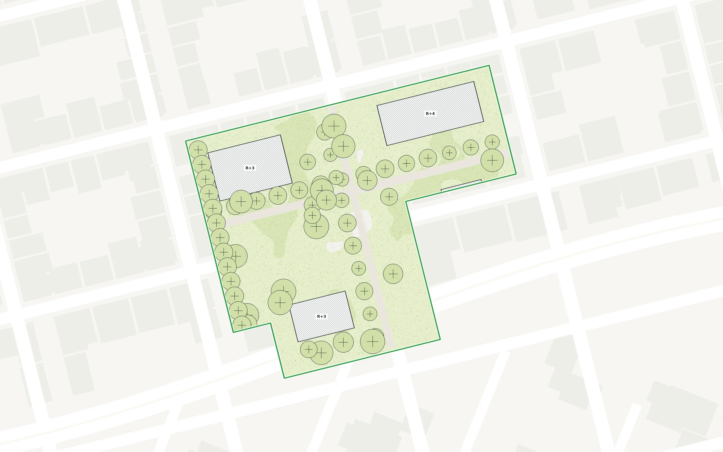 site plan Project details: planned buildings, planted trees, and green spaces