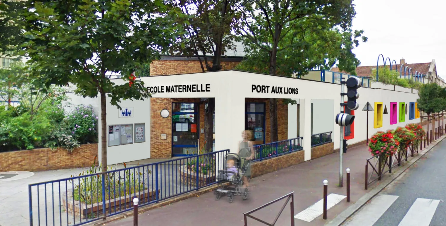The front of the Port aux Lions preschool, lined with trees and a street