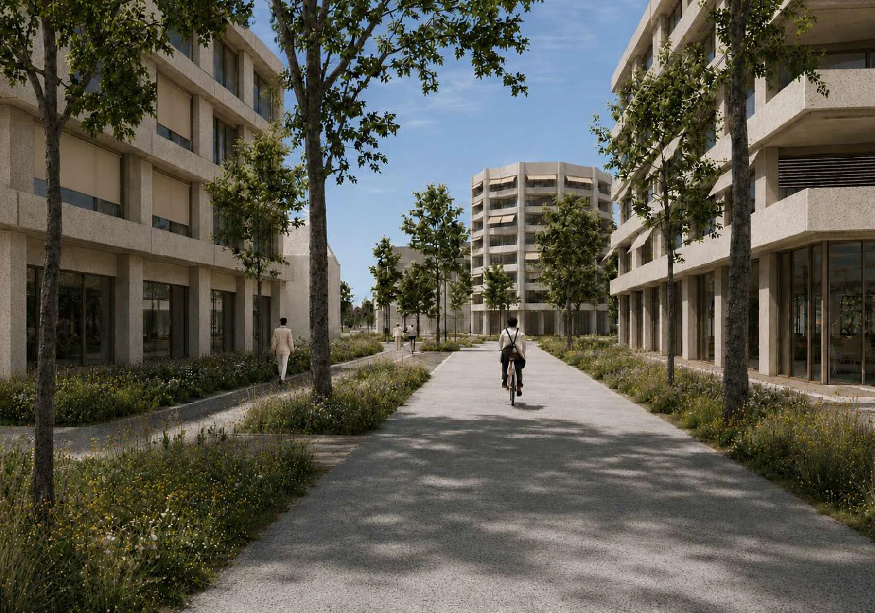 View of a tree-lined pedestrian walkway between apartment buildings