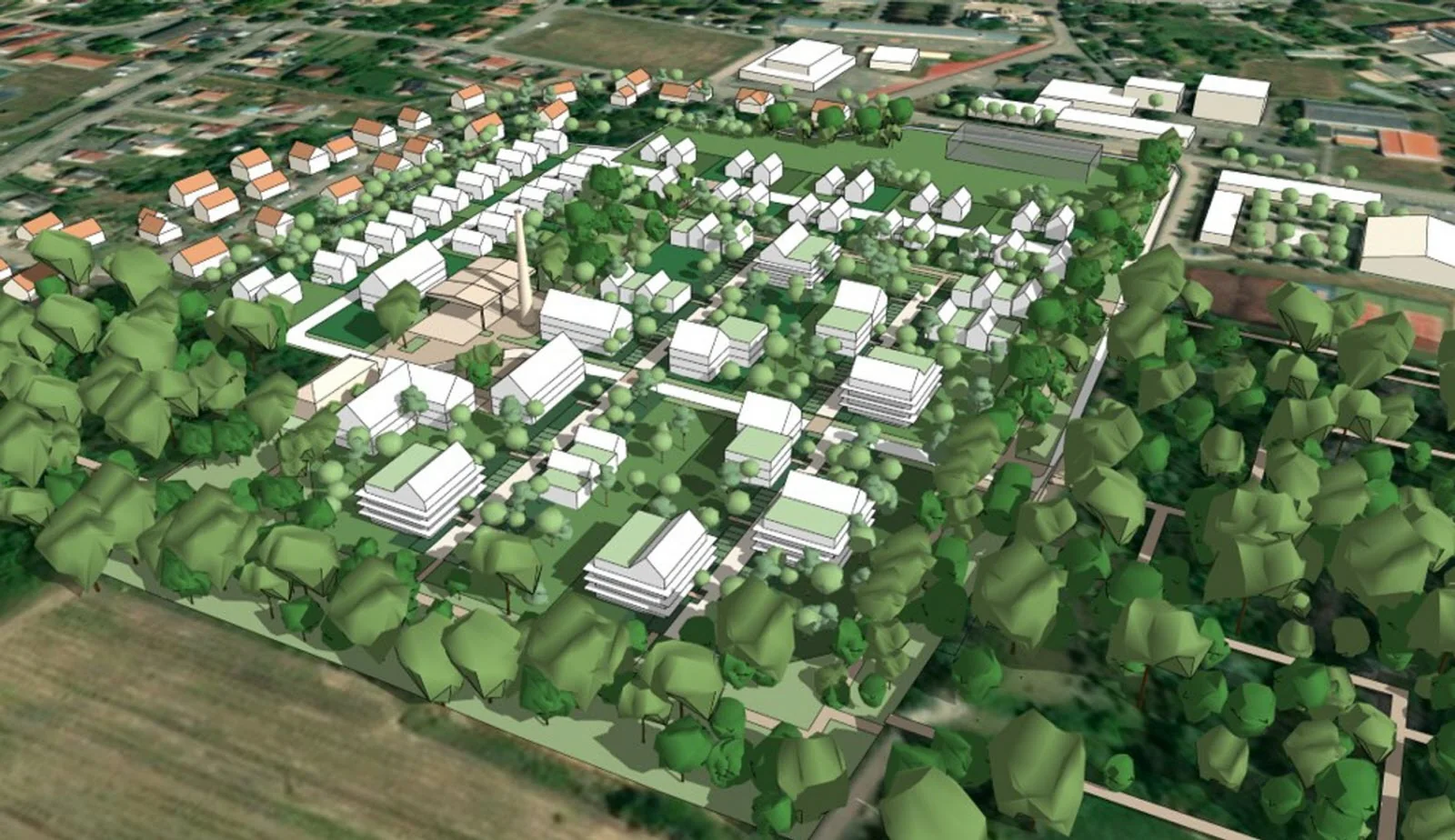 Vue aérienne 3D du projet La Briqueterie à Rouffach, maisons et logements au milieu des arbres