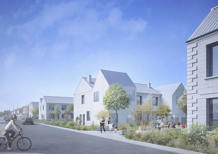 Perspective de la résidence de Sallaumines : maisons le long d'une rue plantée