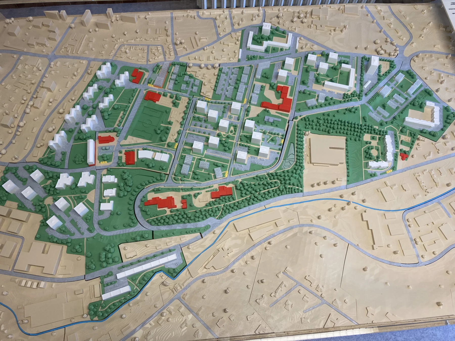 Scale model of the Belleroche ZAC project: housing, green spaces, and roads