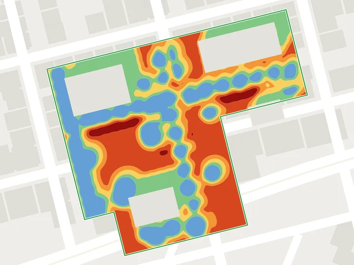 perceived temperature s map for Scenario B, showing large areas with temperatures between 32 and 36 °C under the trees