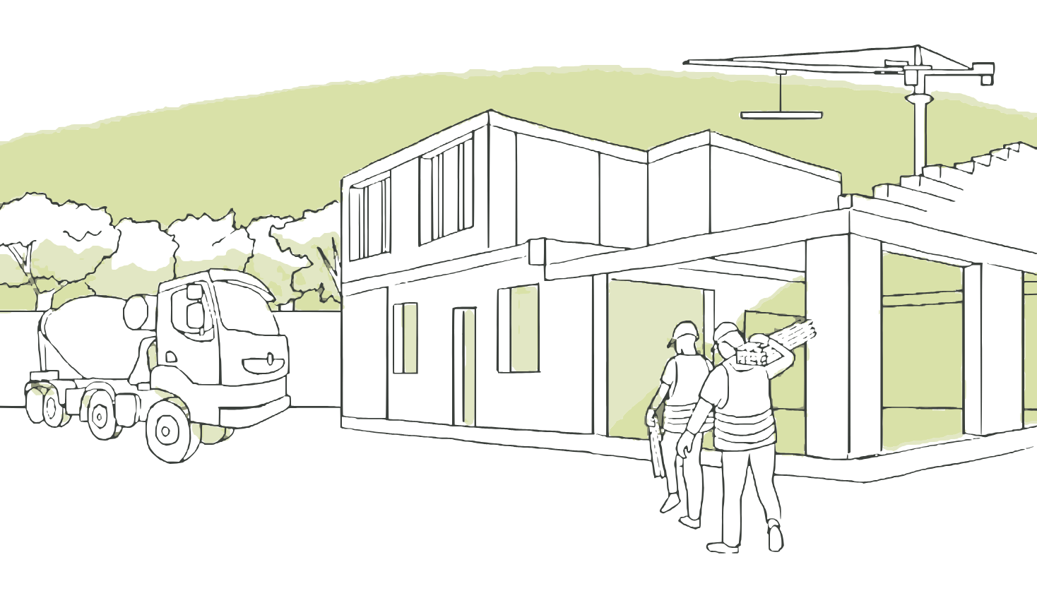 Drawing of a construction site with a concrete mixer and two workers