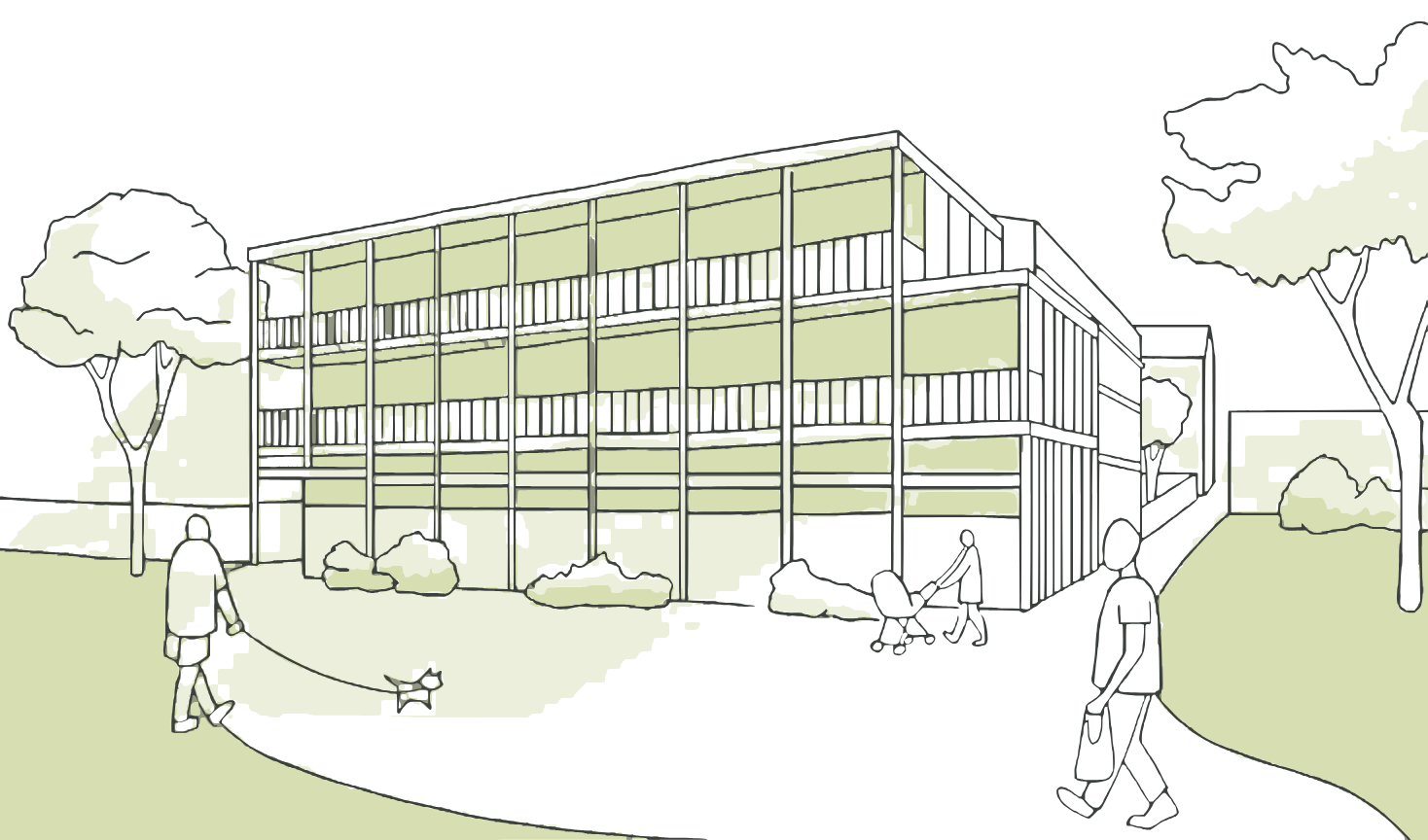 Drawing of a house with a garden and its residents