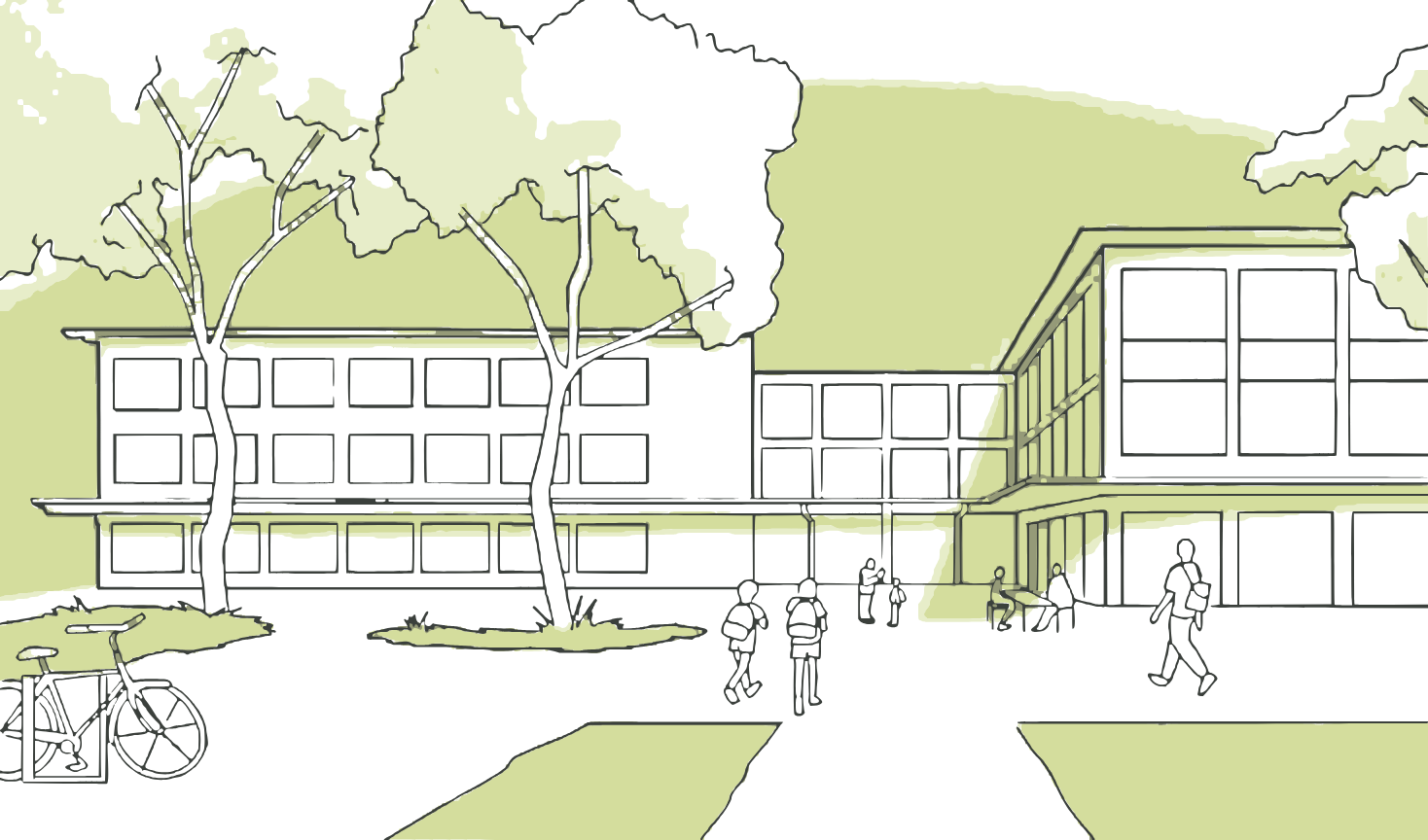 Drawing of a school with trees and passersby