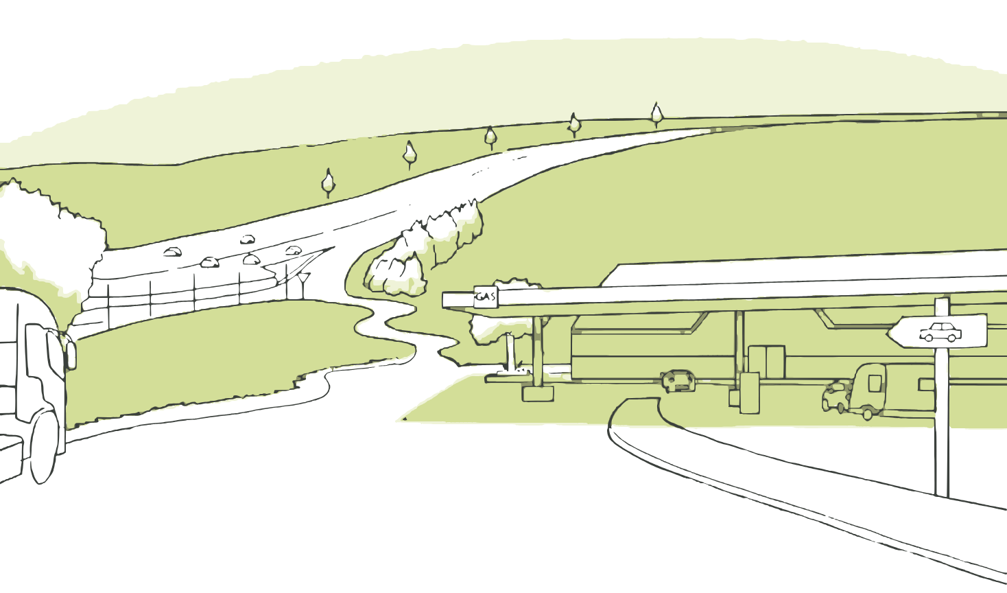 Drawing of a road lined with vegetated embankments